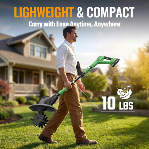 Man carrying 20V Cordless Garden Tiller Cultivator with 4 by 12 steel tines, 8 inch till depth, lightweight and compact design.