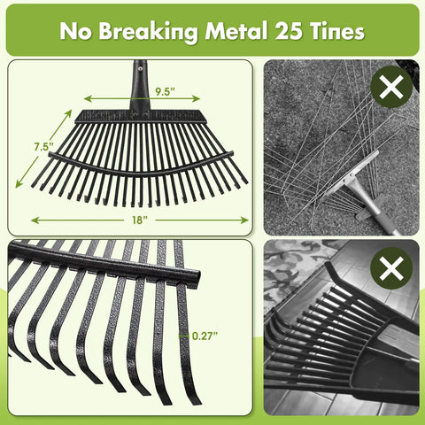 Close-up of heavy duty leaf rake with 18 inch wide head, 65 inch adjustable handle, for lawns and yards, with 25 metal tines.