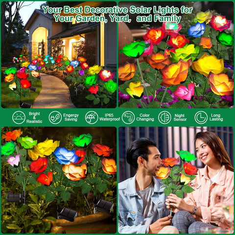 Rose Shaped Solar Lights Outdoor Waterproof 2026 Upgrade With Realistic Silk Petals, 7 Color Changing Garden Lights