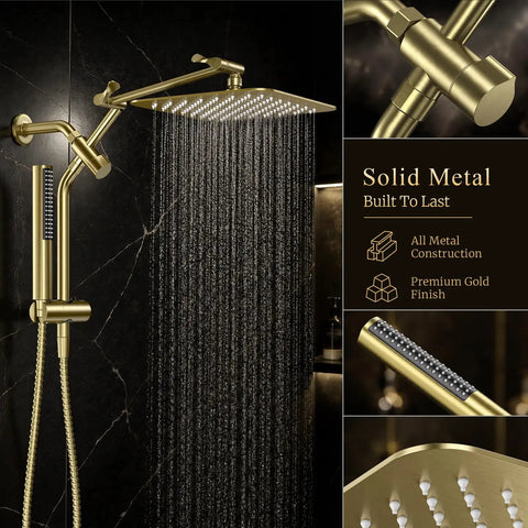 Top Grade 10 Inch Brushed Gold Rainfall Shower Head With Adjustable Handheld Sprayer Heavy Duty All Metal Build Smooth High Pressure Flow Zero Fluff Bathroom Upgrade