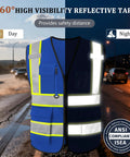 Custom Printed High Visibility Safety Vest With Reflective Tape For Contractors And Crews Featuring Zippered Front Design showing daytime and nighttime visibility.