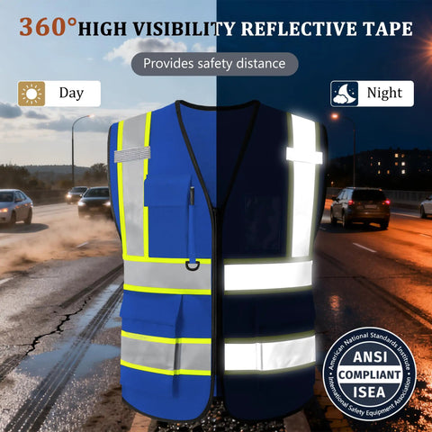 Custom Printed High Visibility Safety Vest With Reflective Tape For Contractors And Crews Featuring Zippered Front Design showing daytime and nighttime visibility.
