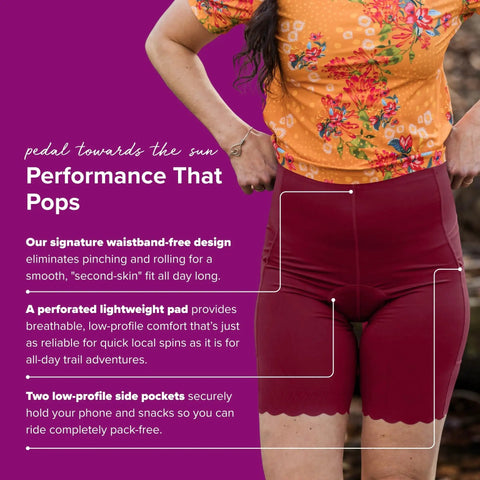 Woman wearing 2.0 Padded High Rise Biker Shorts For Women With Waistband Free Design And Softer Compression For Trail And Mulberry XL