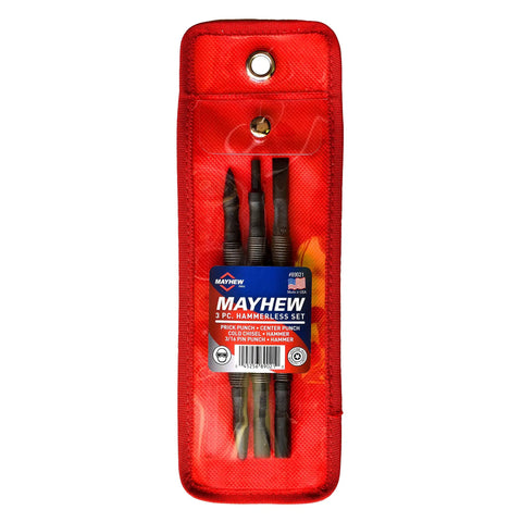 Hammerless Three Piece Tool Set With Center Punch Prick Punch Cold Chisel Hammer And Hinge Pin Remover in red case