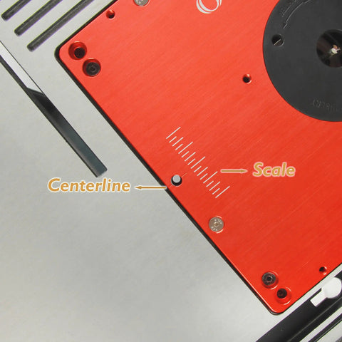 Motorized Router Lift For 3 5 Inch Routers Featuring Digital Controller Micro Adjustment showing red aluminum plate with scale.