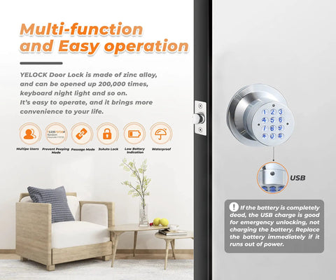 Keyless Electronic Entry Door Knob With Keypad, Smart Door Lock for Home, Hotel or Office, shown in modern interior.