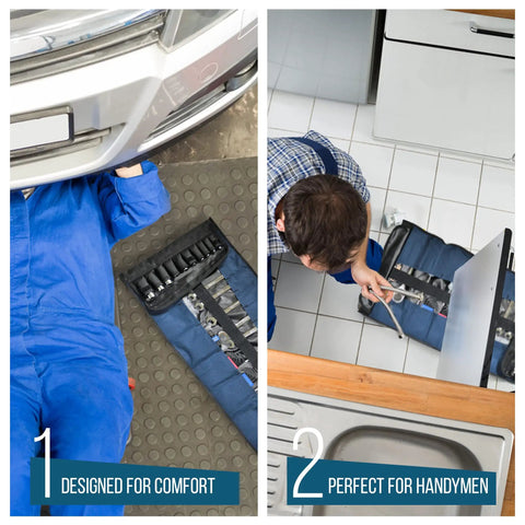 32 Pocket Tool Roll Organizer With 22 Pockets And 10 Socket Holders Roll Up Tool Bag in use by mechanic and handyman
