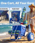 Massive Heavy Duty Beach Wagon with 12 Inch Big Wheels for Sand, Blue, shown carrying beach gear on a sandy shore.