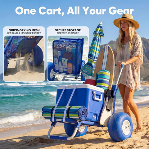 Massive Heavy Duty Beach Wagon with 12 Inch Big Wheels for Sand, Blue, shown carrying beach gear on a sandy shore.