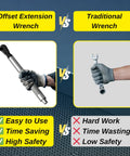 Comparison of a Right Angle Offset Extension Wrench Set For Tight Spots With Socket Adapters and a Traditional Wrench.