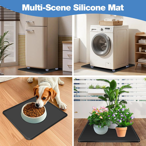 ToLanbbt silicone mat 20x20 with four base risers; shown under fridge and washing machine, plus pet bowl and plant setups.