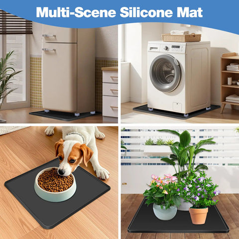 Mini Fridge Silicone Mat With Four Base Risers 24 By 24 By 0.8 Inches Drip Tray Under Refrigerator Mat Floor Protector Leak Resistant Portable Durable Anti Slip Black shown with fridge, washer, pet dish, plants