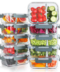 Stacked Two Compartment Glass Meal Prep Containers Pack Of 10 With Lids, 30 Oz Each, filled with assorted vegetables.