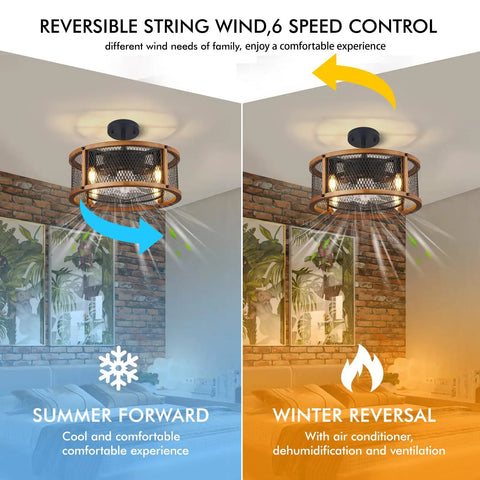 Dope Industrial Farmhouse Ceiling Fan With Lights, Caged Wood Design showing summer forward and winter reversal functions