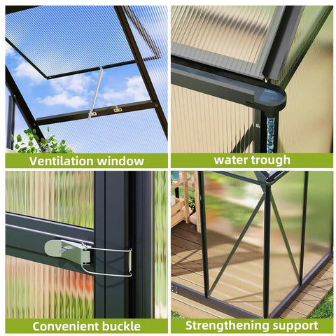 Walk In Greenhouse For Outdoor Use 6x4 Ft Built Tough Aluminum Frame Polycarbonate Panels Lockable Door Adjustable Roof Vent Hollow Wall Panels For Easy Spring Gardening And Year Round Plant Health