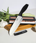 Dual Grit Knife Sharpening Whetstone with Bamboo Base, 1000 Grit Coarse Side and 6000 Grit Polishing Side, with knife and vegetables
