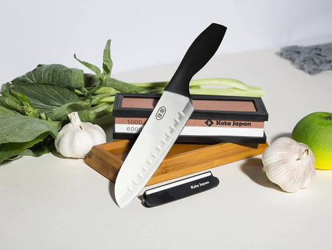 Dual Grit Knife Sharpening Whetstone with Bamboo Base, 1000 Grit Coarse Side and 6000 Grit Polishing Side, with knife and vegetables