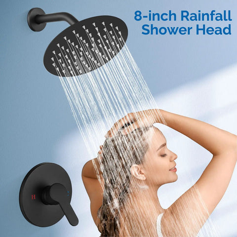 8 Inch Round Rainfall Shower Head Matte Black Shower Faucet Set With SUS304 Stainless Steel Trim Kit, Single Handle Valve