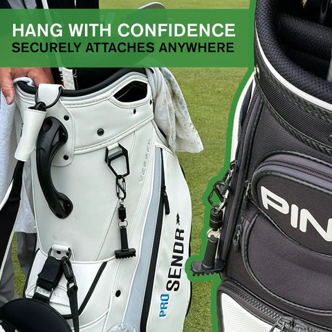 Mini Golf Brush With Detachable Magnet And Heavy Duty Nylon Bristles attached to golf bags on course, showing portability.