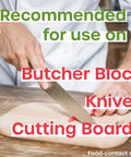 Chef cutting on board suggesting All American Food Grade Mineral Oil For Wood Care Keeps Your Cutting Boards Butcher Block Counters And Stainless Steel Smooth Protected And Ready For Action Odorless Tasteless Colorless 1 Gallon.