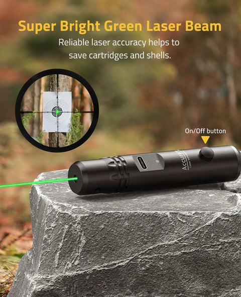 Rechargeable Bore Sight Laser Kit With 64 Adapters For Calibers From 0.17 To 12GA, green laser tool on stone with target view