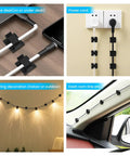 30 Pack Small Black Adhesive Cable Clips For Quick Cord Management Under Desk Nightstand TV PC Charger Dash Cam Ethernet And Wall Wire Organizer Keep Cords Neat Tidy And Out Of The Way, showing clips organizing cords.
