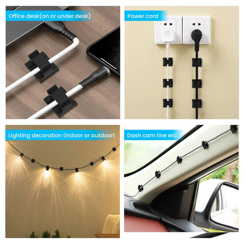 30 Pack Small Black Adhesive Cable Clips For Quick Cord Management Under Desk Nightstand TV PC Charger Dash Cam Ethernet And Wall Wire Organizer Keep Cords Neat Tidy And Out Of The Way, showing clips organizing cords.
