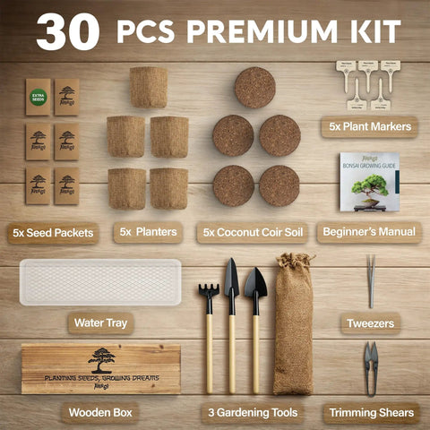 Beginner Bonsai Tree Kit With 5 Unique Japanese Bonsai Trees, Complete Indoor Bonsai Starter Kit layout of tools and components