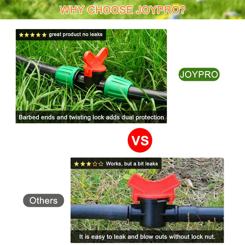 Comparison of drip irrigation fittings featuring 1/2 Inch Drip Irrigation Fittings Kit, 20 Piece DIY Set For Barbed Tees End Caps Valves.