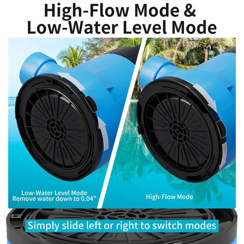 Half HP Sump Pump With 4900 GPH High Flow For Clean And Dirty Water showing modes against pool backdrop