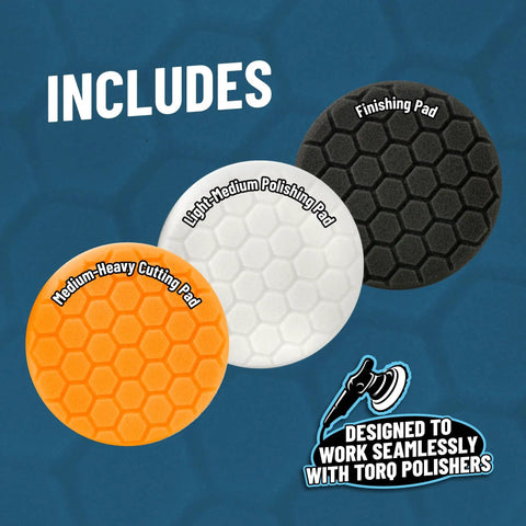 Buffing Pad Sampler Kit For Detailing: 3 Pro Foam Car Polishing Pads shown with hex pattern and labels on blue background.