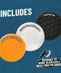 Three Hex-Logic foam pads from 6.5 Inch Buffing Pad Sampler Kit For Auto Detailing, suitable for DA and rotary polishers.