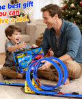 Father and son playing with 16 Foot Flexible Race Track Set For Kids With Roll Up DIY Lanes, Dual Track, 2 Launchers, 6 Mini Cars