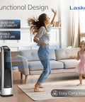 High Velocity Oscillating Tower Fan With Remote Timer And 3 Speed Settings Delivers Up To 509 CFM in sleek living room scene.