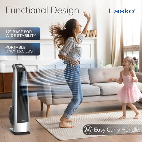 High Velocity Oscillating Tower Fan With Remote Timer And 3 Speed Settings Delivers Up To 509 CFM in sleek living room scene.