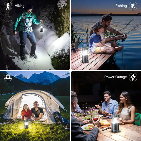Image showing Ultra Bright LED Camping Lanterns 4 Pack for power outages with 3 color modes and dimmable battery power in use.