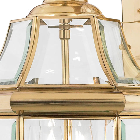 Close-up of Newbury 20 Inch Outdoor Wall Lantern Two Light Polished Brass With Clear Beveled Glass E12 Base classic design