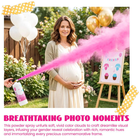 Epic Gender Reveal Fire Extinguisher Kit Featuring Biodegradable Pink And Blue Cornstarch Powder For Massive Baby Shower Blowouts, pink powder blast in a garden.