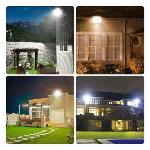 Four images showcasing JUDYSSY Led Floodlight Led Projector Waterproof Reflector 10W20W 30W 50W 100W 150W 200W 300W Wall Garden Spotlight illuminating outdoor spaces.