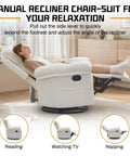Woman relaxing in a Beige Chenille Swivel Rocker Recliner For Adults In Small Spaces, showcasing its various reclining features.