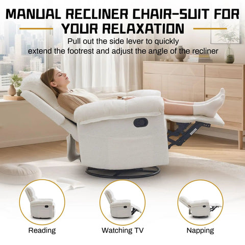 Woman relaxing in a Beige Chenille Swivel Rocker Recliner For Adults In Small Spaces, showcasing its various reclining features.
