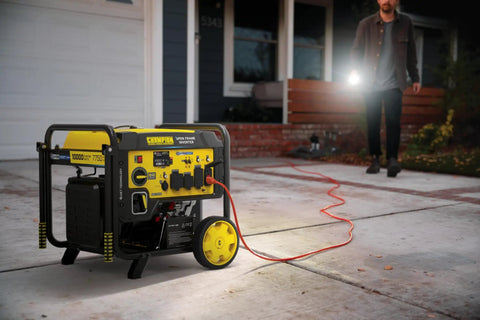 10,000-Watt Electric Start Home Backup Open Frame Portable Inverter Generator in use outside a house