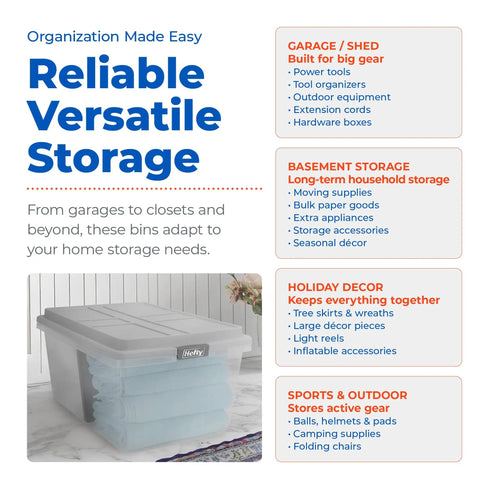 Rock Solid Stackable Plastic Storage Bins With Lids, Hella Spacious 98 Quart Hi Rise Containers For Home Garage And Closets, Snap Lock Grid Tops Shield Your Gear, Gray Four Pack with towels in a bright room.
