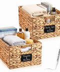 Two Pack Wicker Storage Baskets Rectangular Water Hyacinth Organizer For Shelving with towels and chalk marker