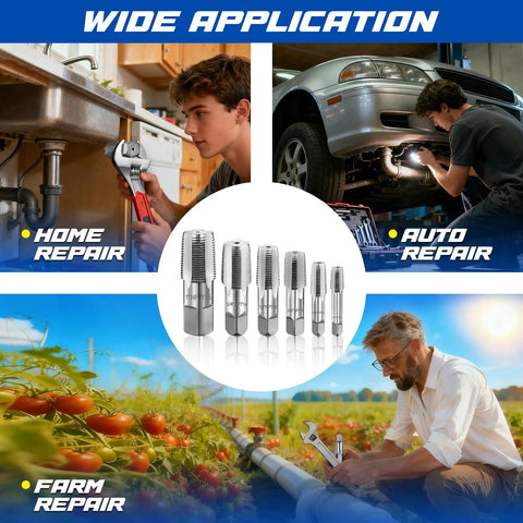 Pro Grade NPT Pipe Tap Set 6 Piece Kit With Sizes 1 Inch, Three Quarter Inch, One Half Inch, Three Eighths Inch, One Quarter Inch, One Eighth Inch Alloy Steel Pipe Thread Cutting Tool With Four Straight Flute Design And Handy Storage Case used for home, auto, and farm repair