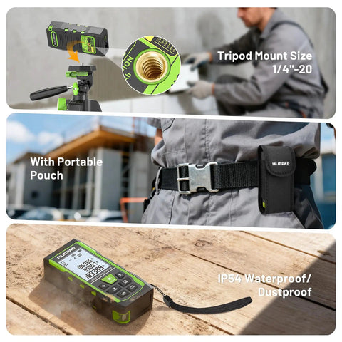 All In One 3 In 1 Laser Distance Meter With 400 Foot Range, 33 Foot Green Cross Line Level, 6.5 Foot Digital Tape Measure, Rechargeable Battery, Voice Readout, Multi Mode, Rugged Tool For Construction And Home Projects Great For Pros And DIYers, tripod mount, pouch, IP54