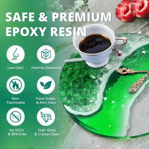 Crystal Clear Epoxy Resin Kit 2 Gallon Self Leveling Low Odor No Bubbles 1:1 Ratio Food Safe Resin And Hardener with green tabletop