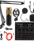 Condenser Microphone Bundle With Live Sound Card, Adjustable Boom Arm, Shock Mount, Metal Pop Filter, 11 Piece Mic Kit