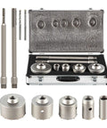 Super Tough 4 In 1 Hole Saw Kit With Big Drill Bits For Masonry, Cement, And Concrete Makes Clean Openings Fast On Any Job Site Without Breaking A Sweat Using Segmented Carbide Tools To Handle Heavy Duty Pipe Install Projects. carbide hole saw set in case with drill bits, 30-125mm