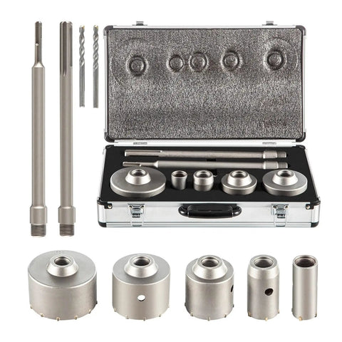 Super Tough 4 In 1 Hole Saw Kit With Big Drill Bits For Masonry, Cement, And Concrete Makes Clean Openings Fast On Any Job Site Without Breaking A Sweat Using Segmented Carbide Tools To Handle Heavy Duty Pipe Install Projects. carbide hole saw set in case with drill bits, 30-125mm
